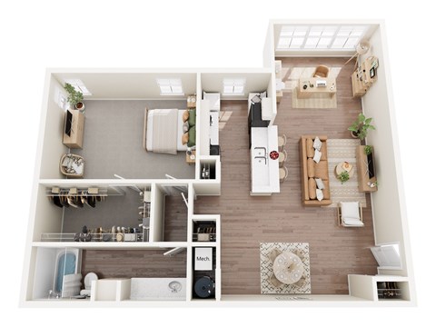 Floor plan for 1 bed, 1 bath, 853 sqft